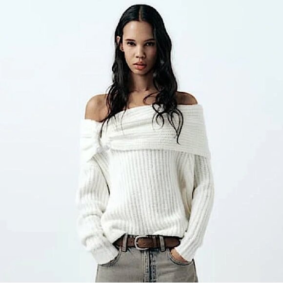 NWT Zara off the shoulderChunky Cable Knit  Sweater Bloggers Fave XL White Wool - Picture 2 of 9